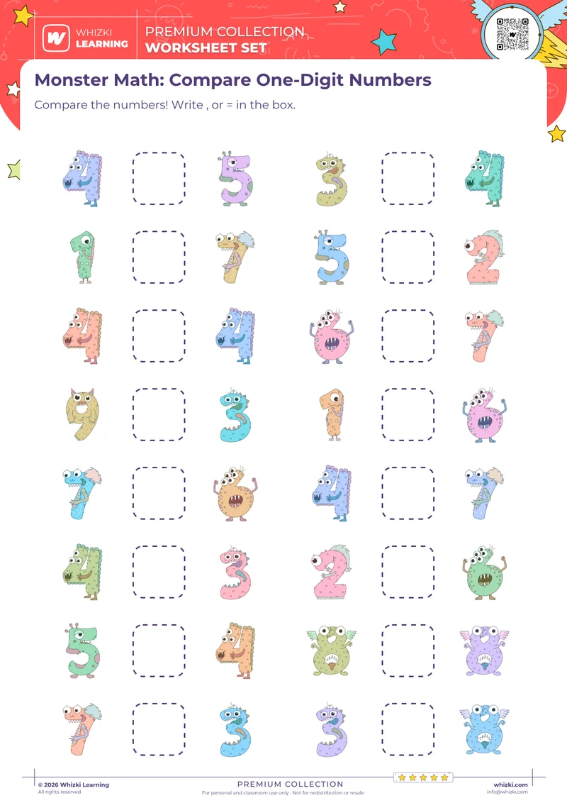 Monster Math: Compare One-Digit Numbers
