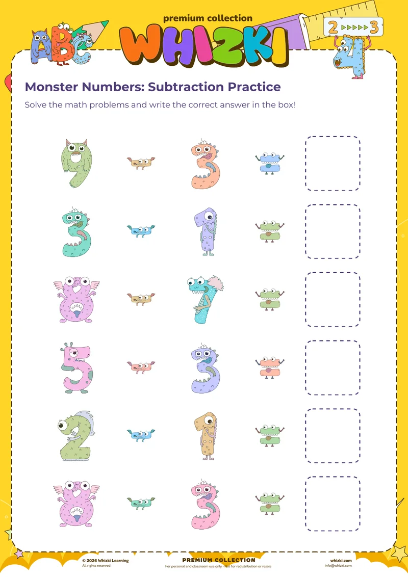 Monster Numbers: Subtraction Practice