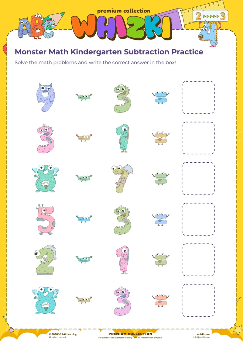Monster Math Kindergarten Subtraction Practice