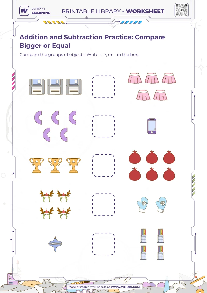 Addition and Subtraction Practice: Compare Bigger or Equal