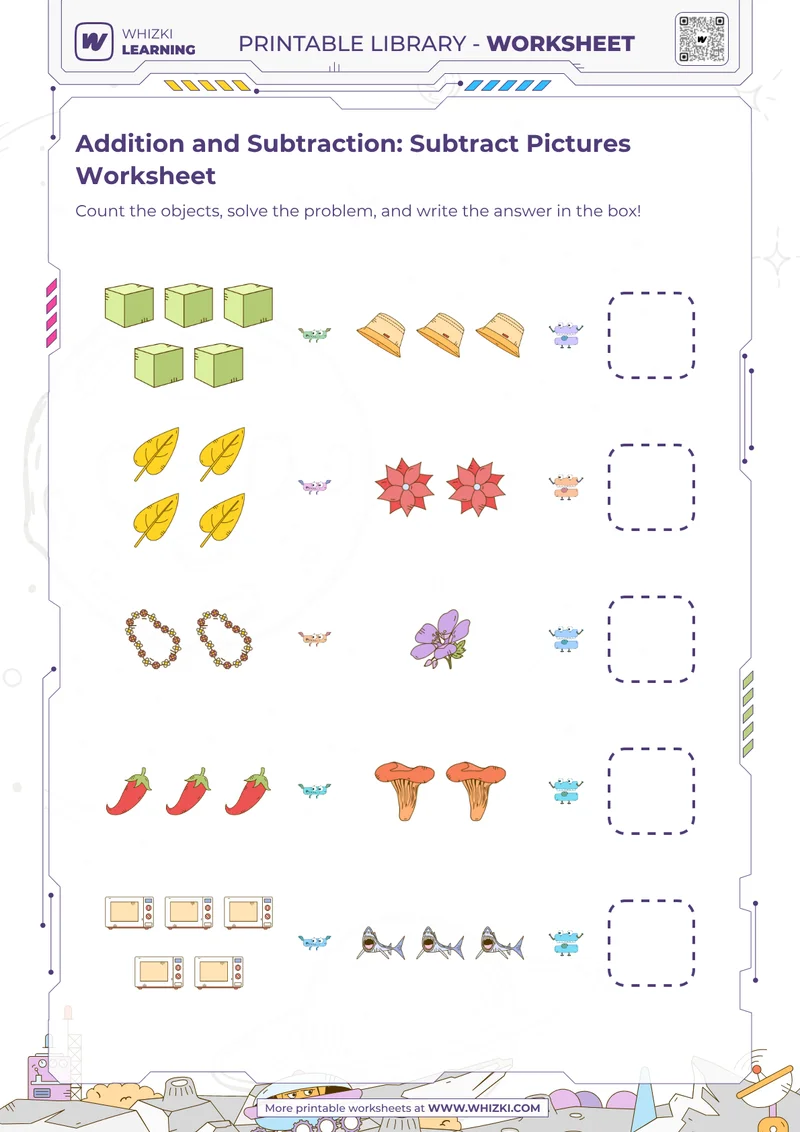 Addition and Subtraction: Subtract Pictures Worksheet