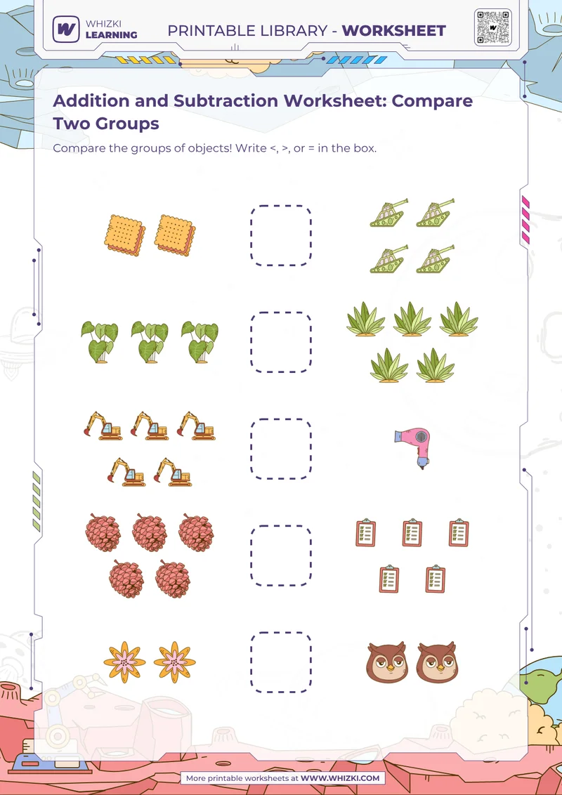 Addition and Subtraction Worksheet: Compare Two Groups