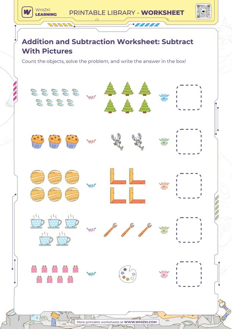 Addition and Subtraction Worksheet: Subtract With Pictures