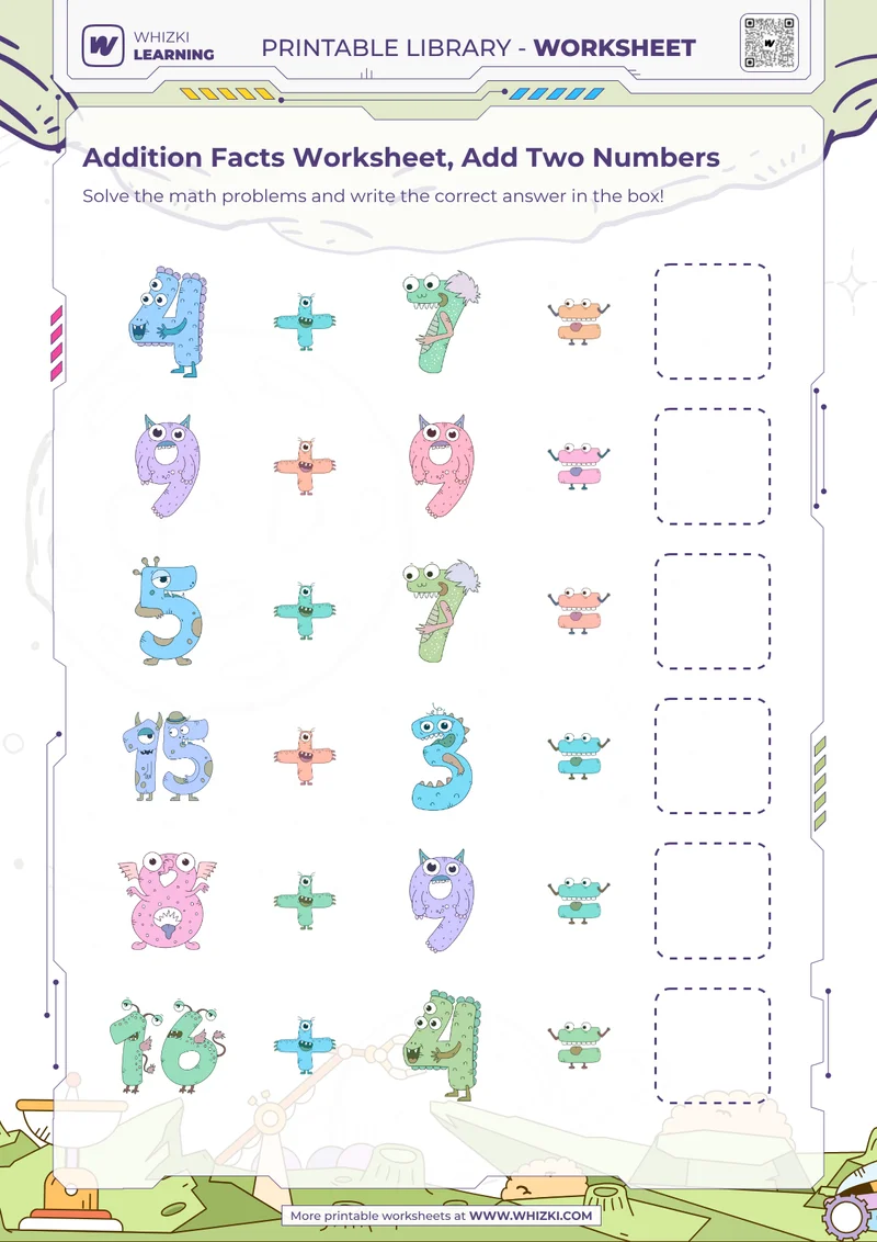 Addition Facts Worksheet, Add Two Numbers