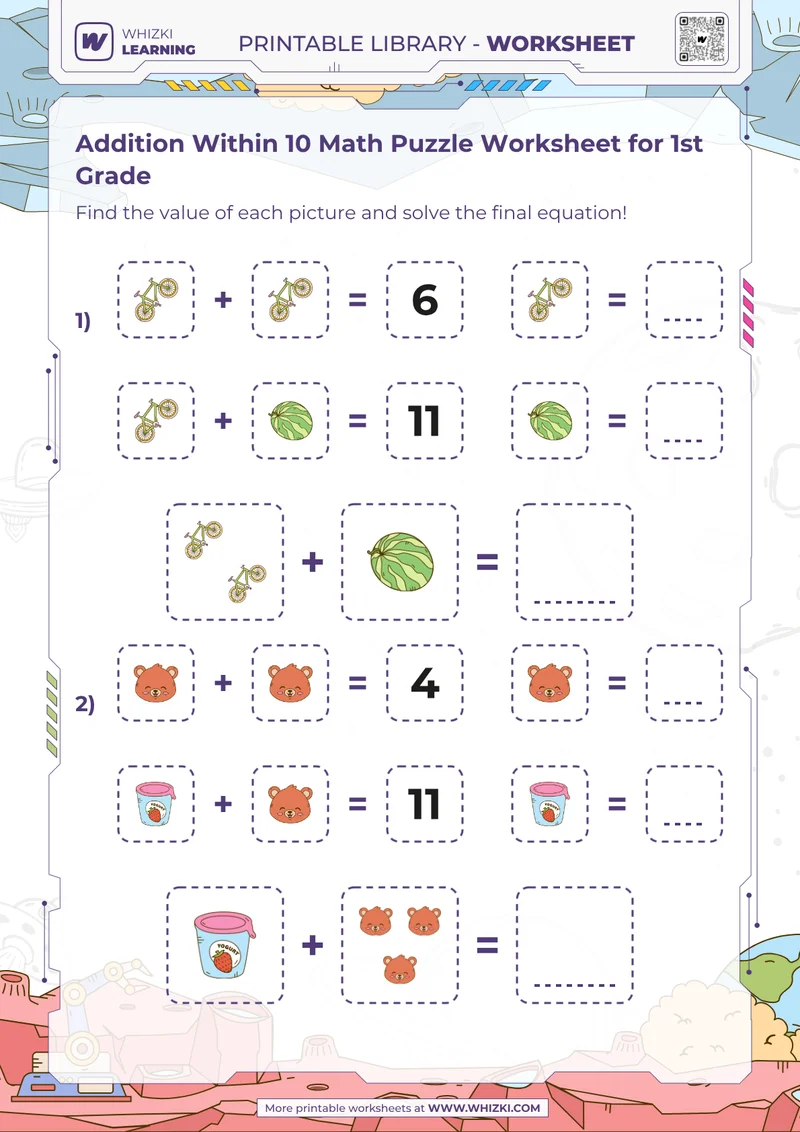 Addition Within 10 Math Puzzle Worksheet for 1st Grade