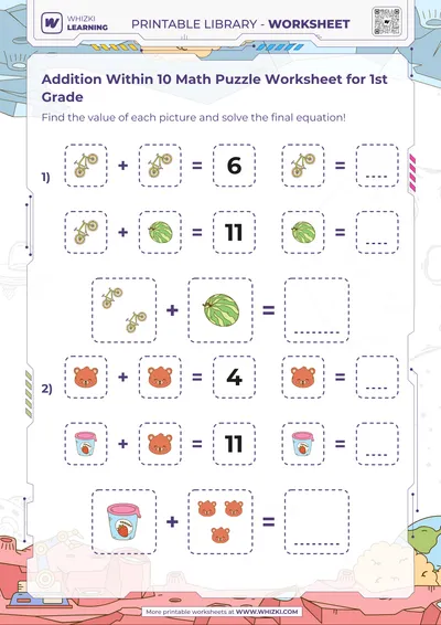 Addition Within 10 Math Puzzle Worksheet for 1st Grade