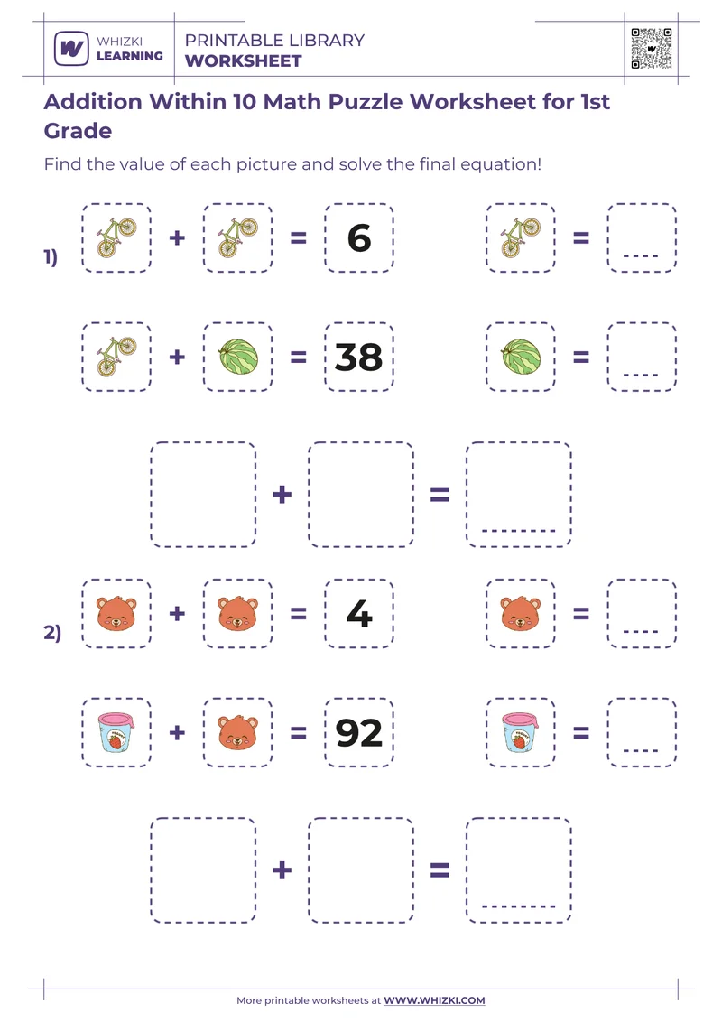 Addition Within 10 Math Puzzle Worksheet for 1st Grade