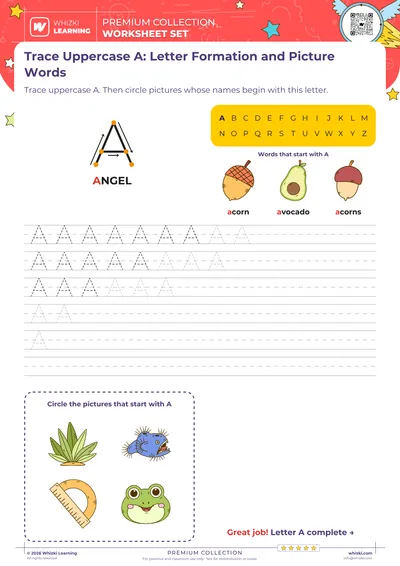Trace Uppercase A: Letter Formation and Picture Words