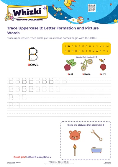 Trace Uppercase B: Letter Formation and Picture Words