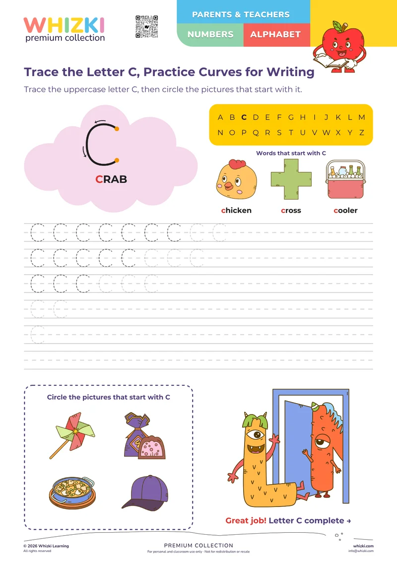 Trace the Letter C, Practice Curves for Writing