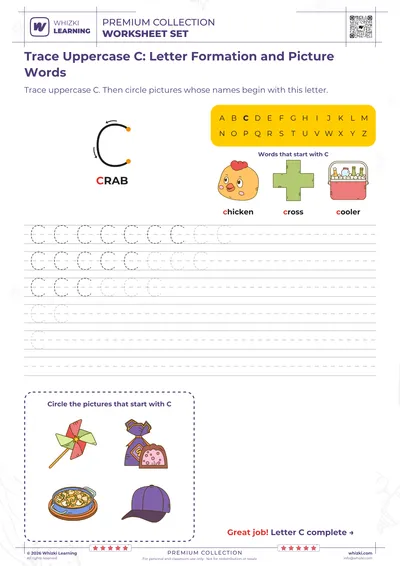 Trace Uppercase C: Letter Formation and Picture Words