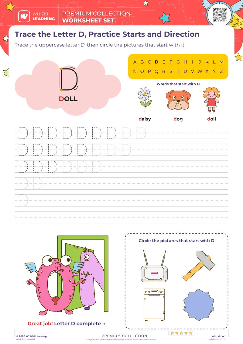 Trace the Letter D, Practice Starts and Direction