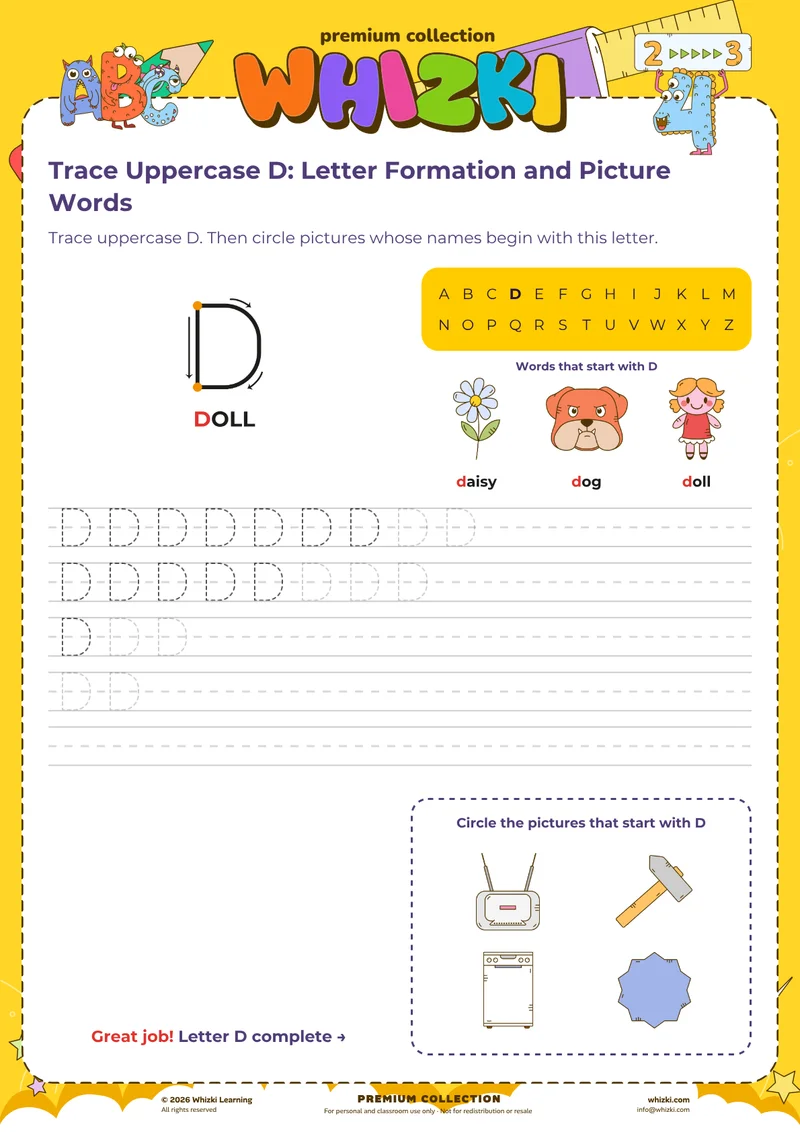 Trace Uppercase D: Letter Formation and Picture Words