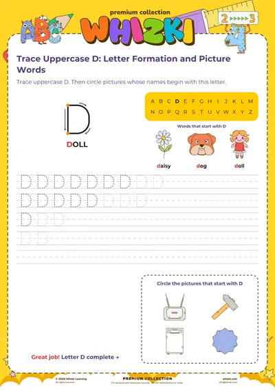 Trace Uppercase D: Letter Formation and Picture Words