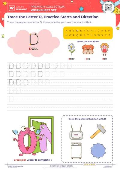 Trace the Letter D, Practice Starts and Direction