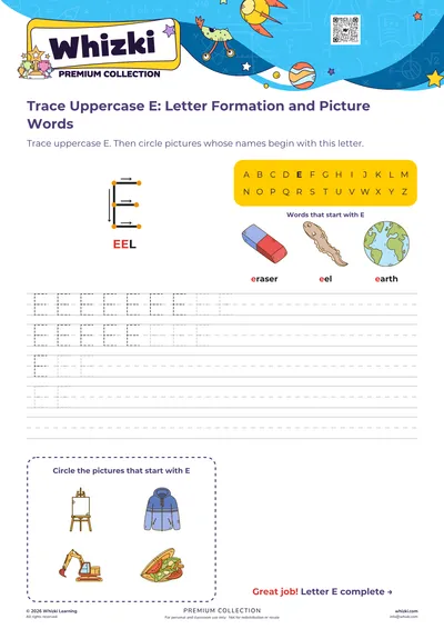 Trace Uppercase E: Letter Formation and Picture Words