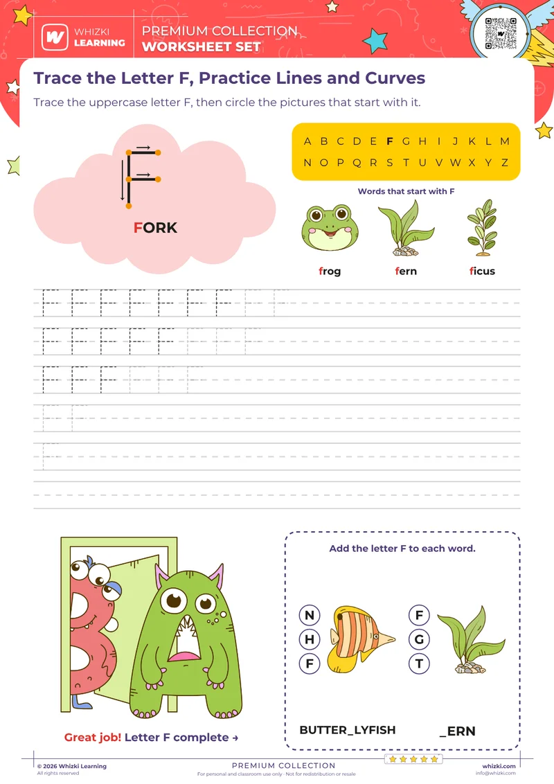 Trace the Letter F, Practice Lines and Curves