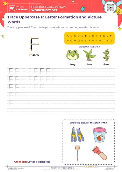 Trace Uppercase F: Letter Formation and Picture Words