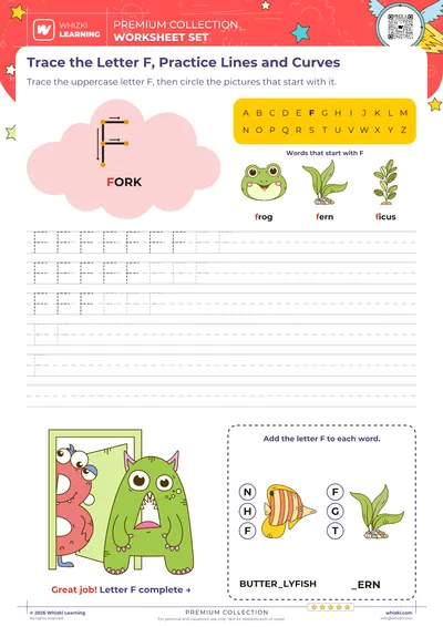 Trace the Letter F, Practice Lines and Curves