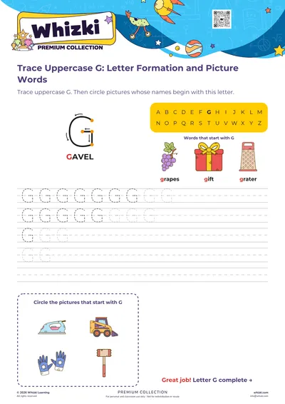 Trace Uppercase G: Letter Formation and Picture Words