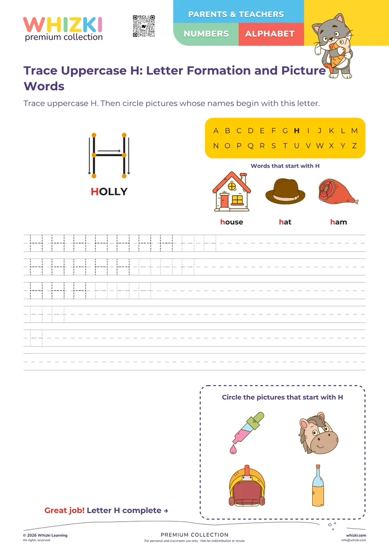 Trace Uppercase H: Letter Formation and Picture Words