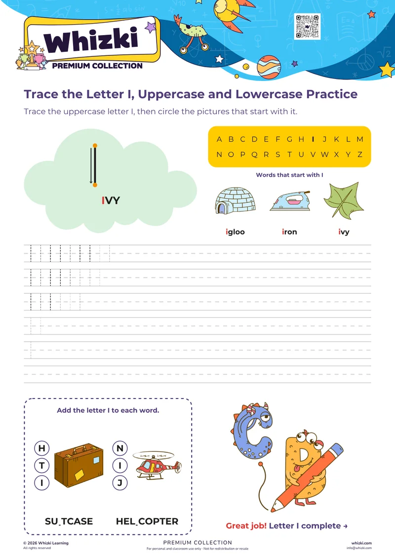 Trace the Letter I, Uppercase and Lowercase Practice