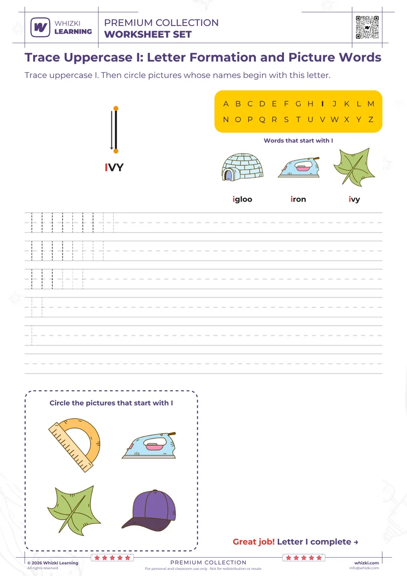 Trace Uppercase I: Letter Formation and Picture Words
