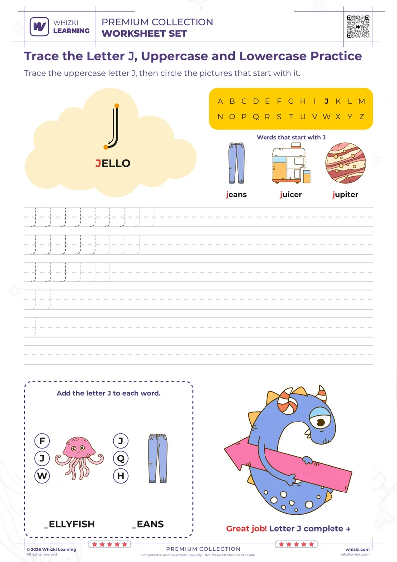 Trace the Letter J, Uppercase and Lowercase Practice