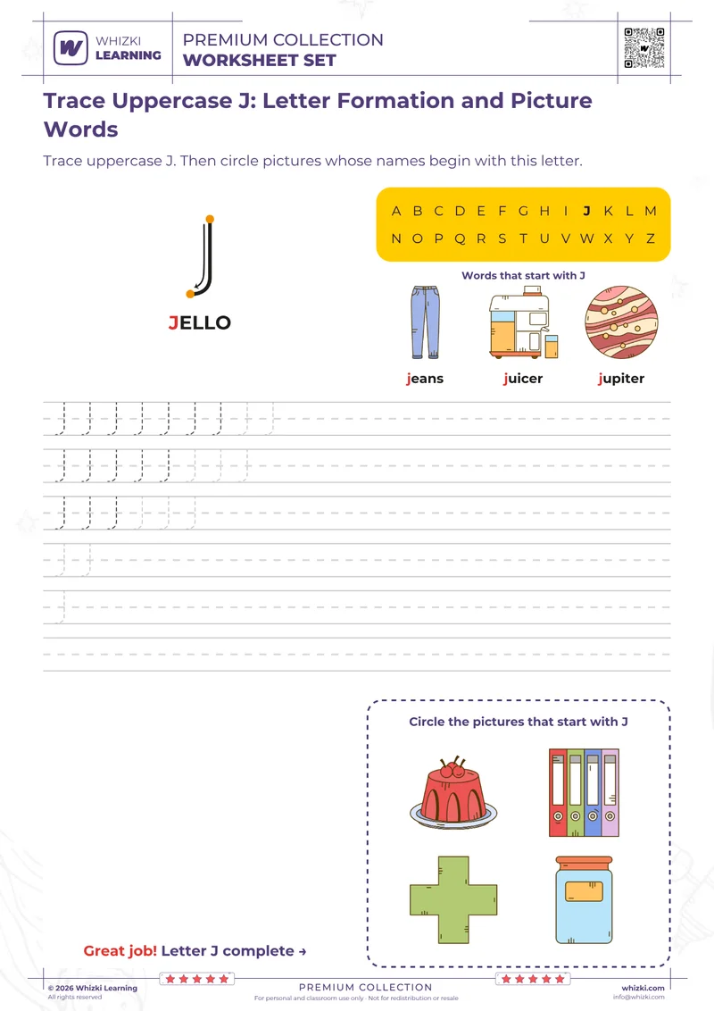 Trace Uppercase J: Letter Formation and Picture Words