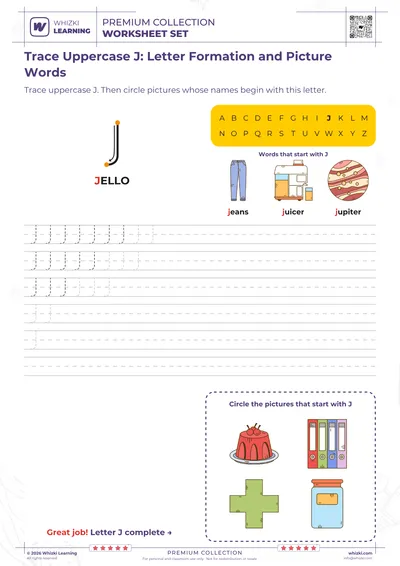 Trace Uppercase J: Letter Formation and Picture Words