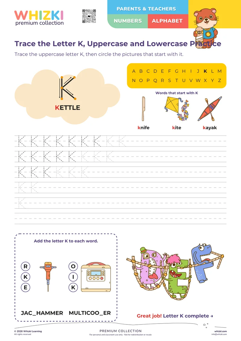 Trace the Letter K, Uppercase and Lowercase Practice
