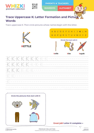Trace Uppercase K: Letter Formation and Picture Words