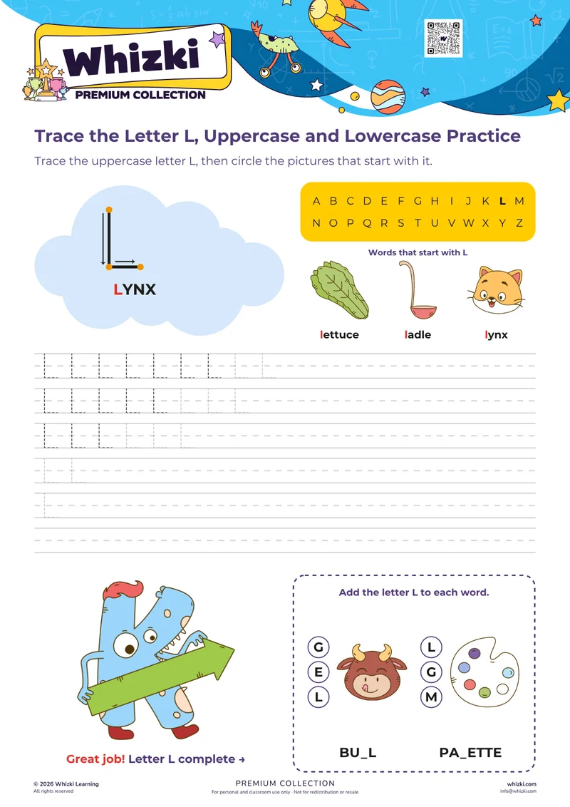 Trace the Letter L, Uppercase and Lowercase Practice