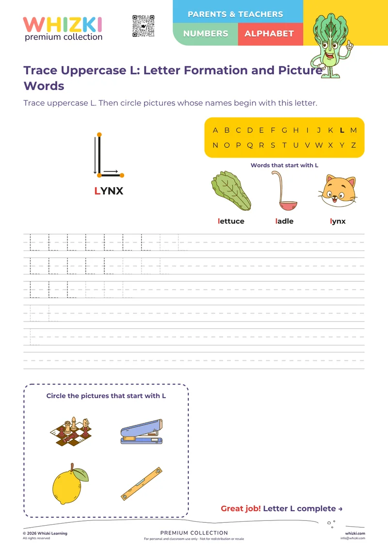 Trace Uppercase L: Letter Formation and Picture Words