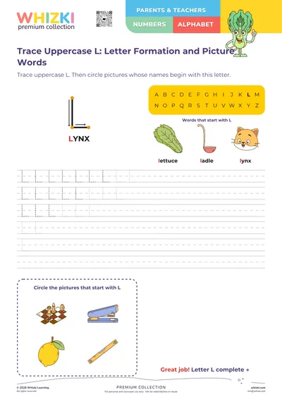 Trace Uppercase L: Letter Formation and Picture Words