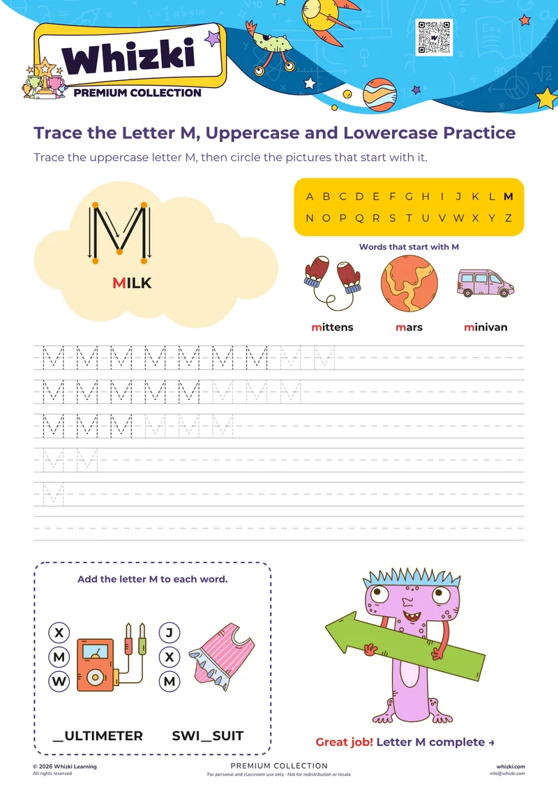 Trace the Letter M, Uppercase and Lowercase Practice