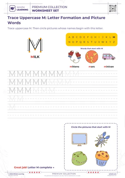 Trace Uppercase M: Letter Formation and Picture Words