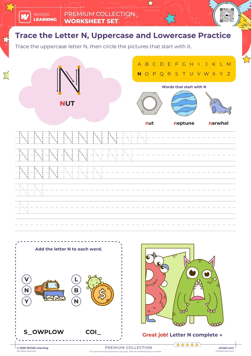 Trace the Letter N, Uppercase and Lowercase Practice