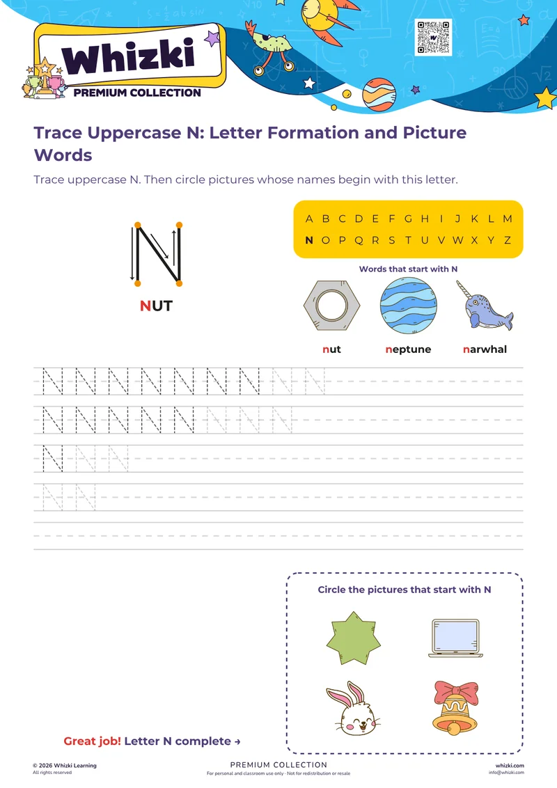Trace Uppercase N: Letter Formation and Picture Words