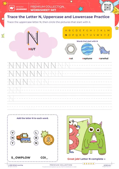 Trace the Letter N, Uppercase and Lowercase Practice