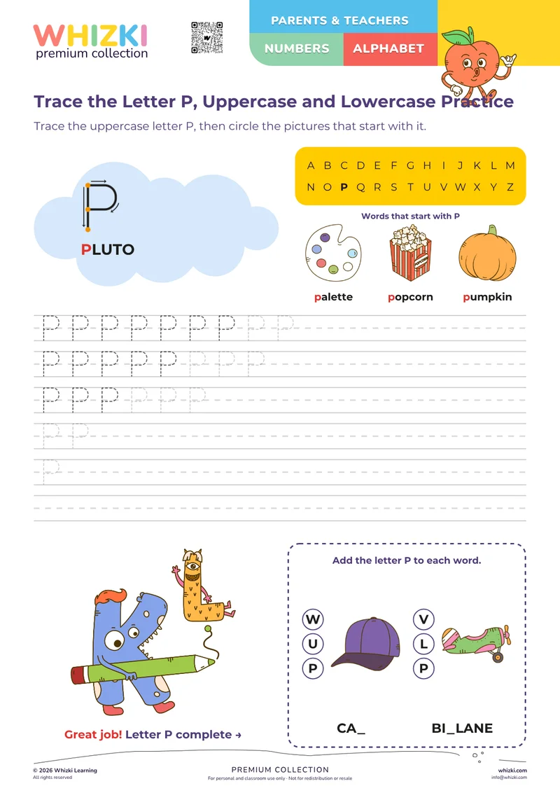 Trace the Letter P, Uppercase and Lowercase Practice