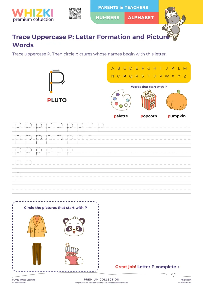 Trace Uppercase P: Letter Formation and Picture Words