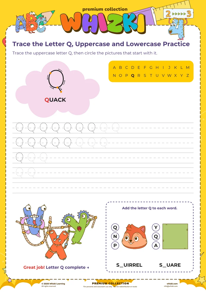 Trace the Letter Q, Uppercase and Lowercase Practice