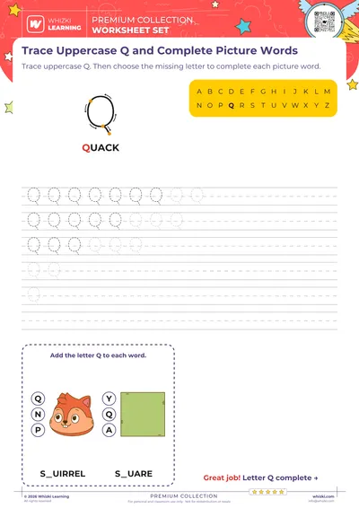Trace Uppercase Q and Complete Picture Words