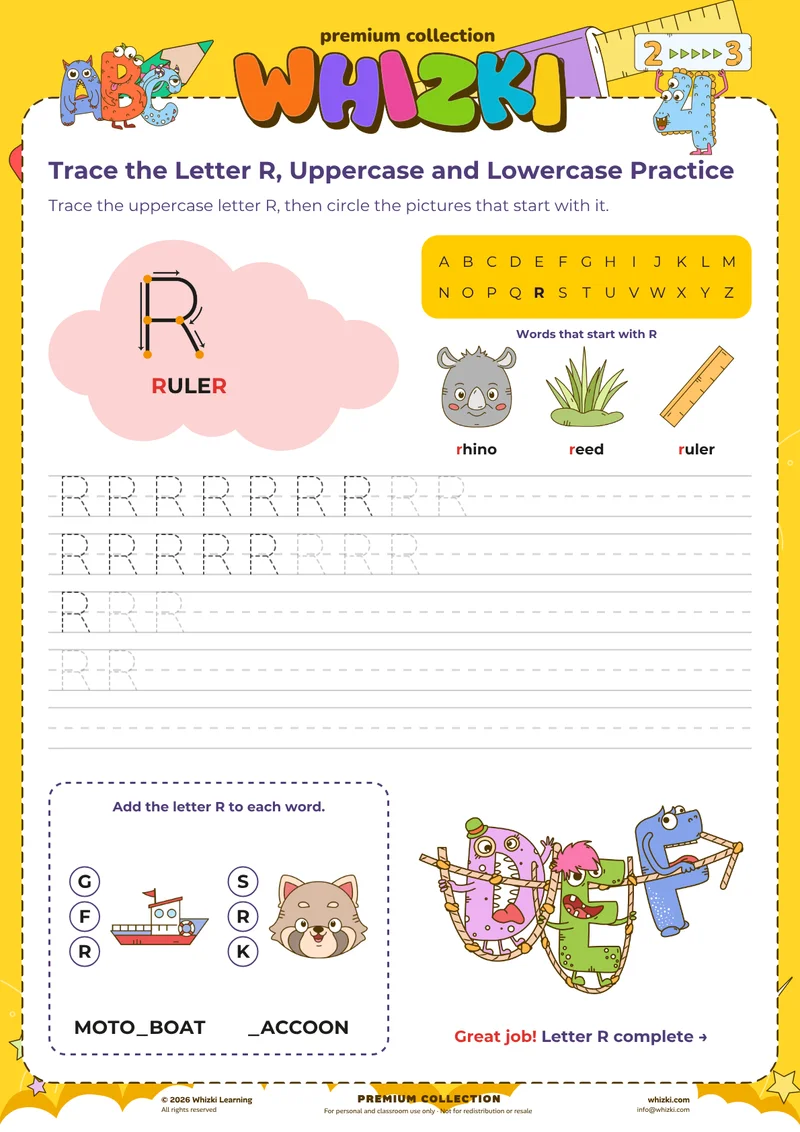 Trace the Letter R, Uppercase and Lowercase Practice