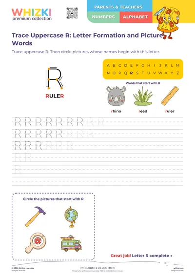 Trace Uppercase R: Letter Formation and Picture Words