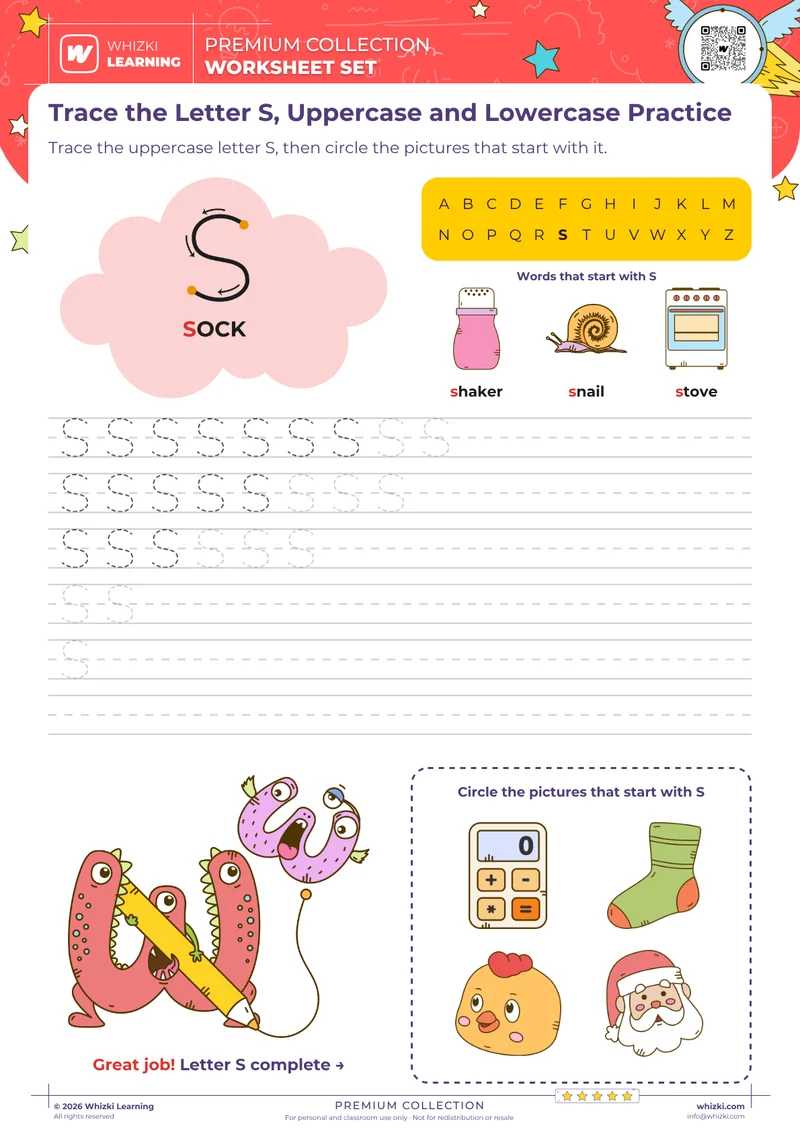 Trace the Letter S, Uppercase and Lowercase Practice