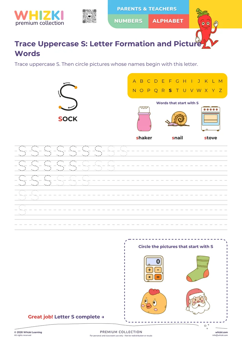 Trace Uppercase S: Letter Formation and Picture Words