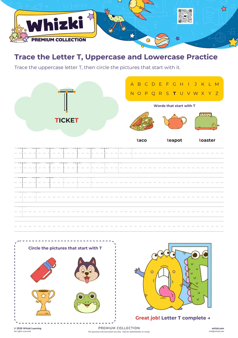Trace the Letter T, Uppercase and Lowercase Practice