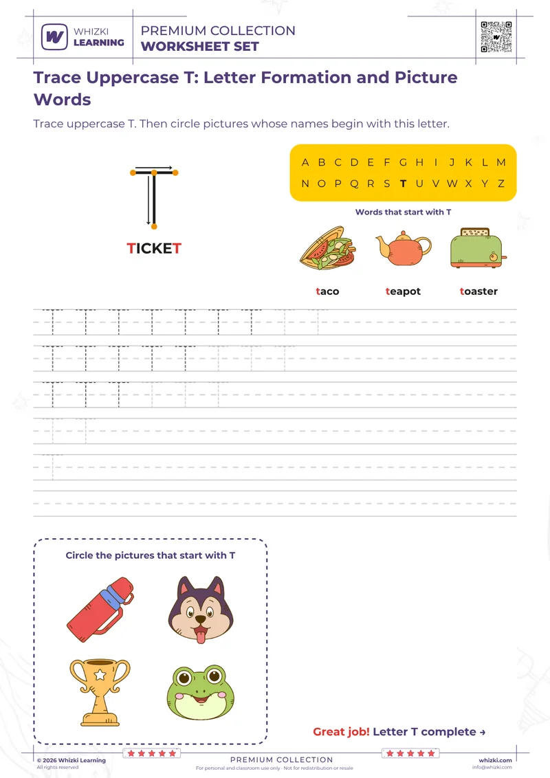 Trace Uppercase T: Letter Formation and Picture Words